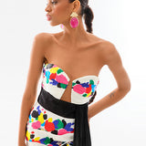 Multicolor Strapless Satin Mini Dress With Belt Detail