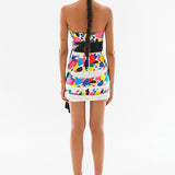 Multicolor Strapless Satin Mini Dress With Belt Detail