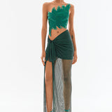 Crystal Embellished Fishnet Maxi Skirt With High Slit