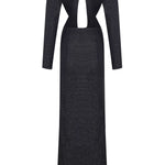 Black Chiffon Maxi Dress with Embroidery and Velvet Open Front Detail