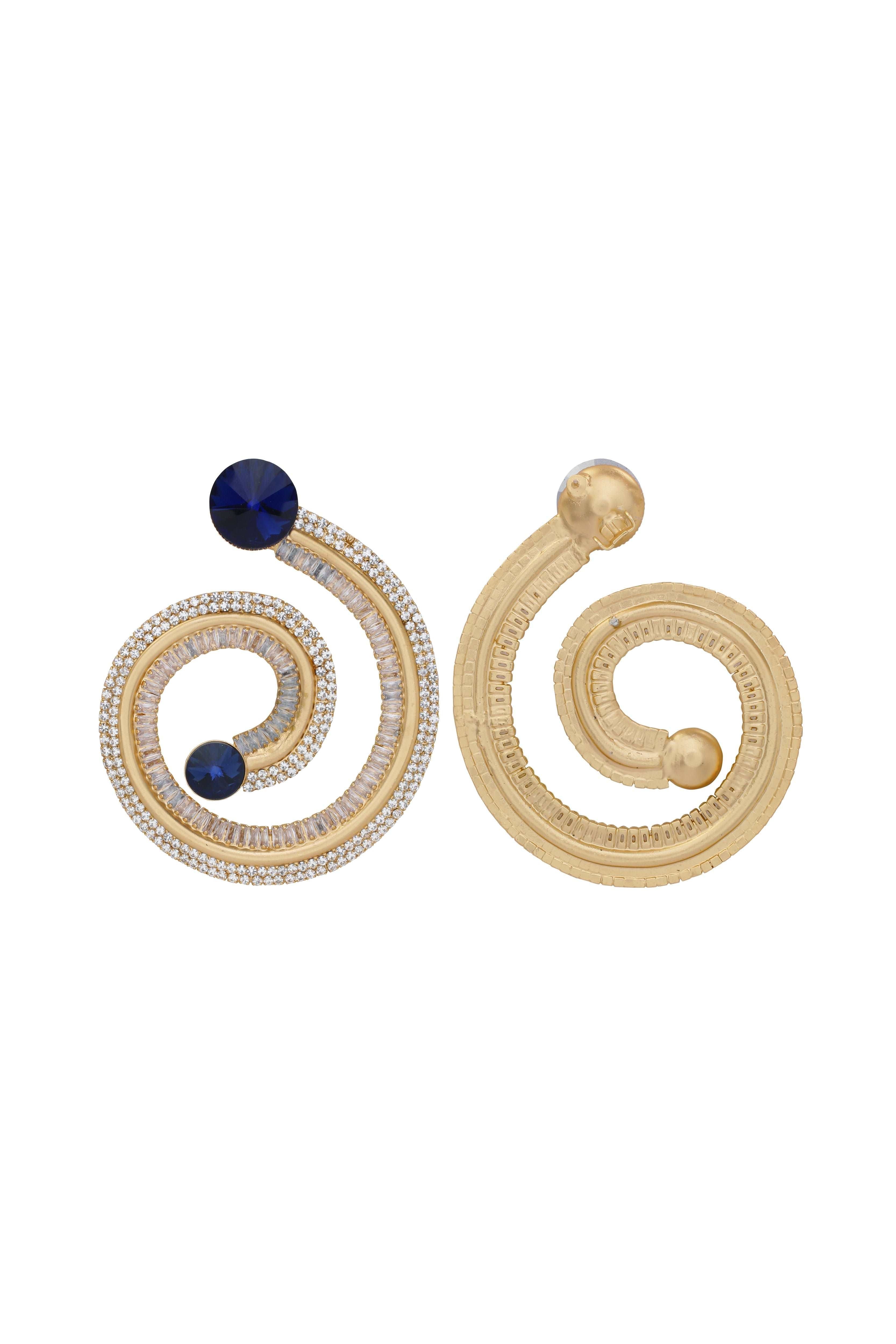 Blue Gold Crystal Detailed Rounded Earrings