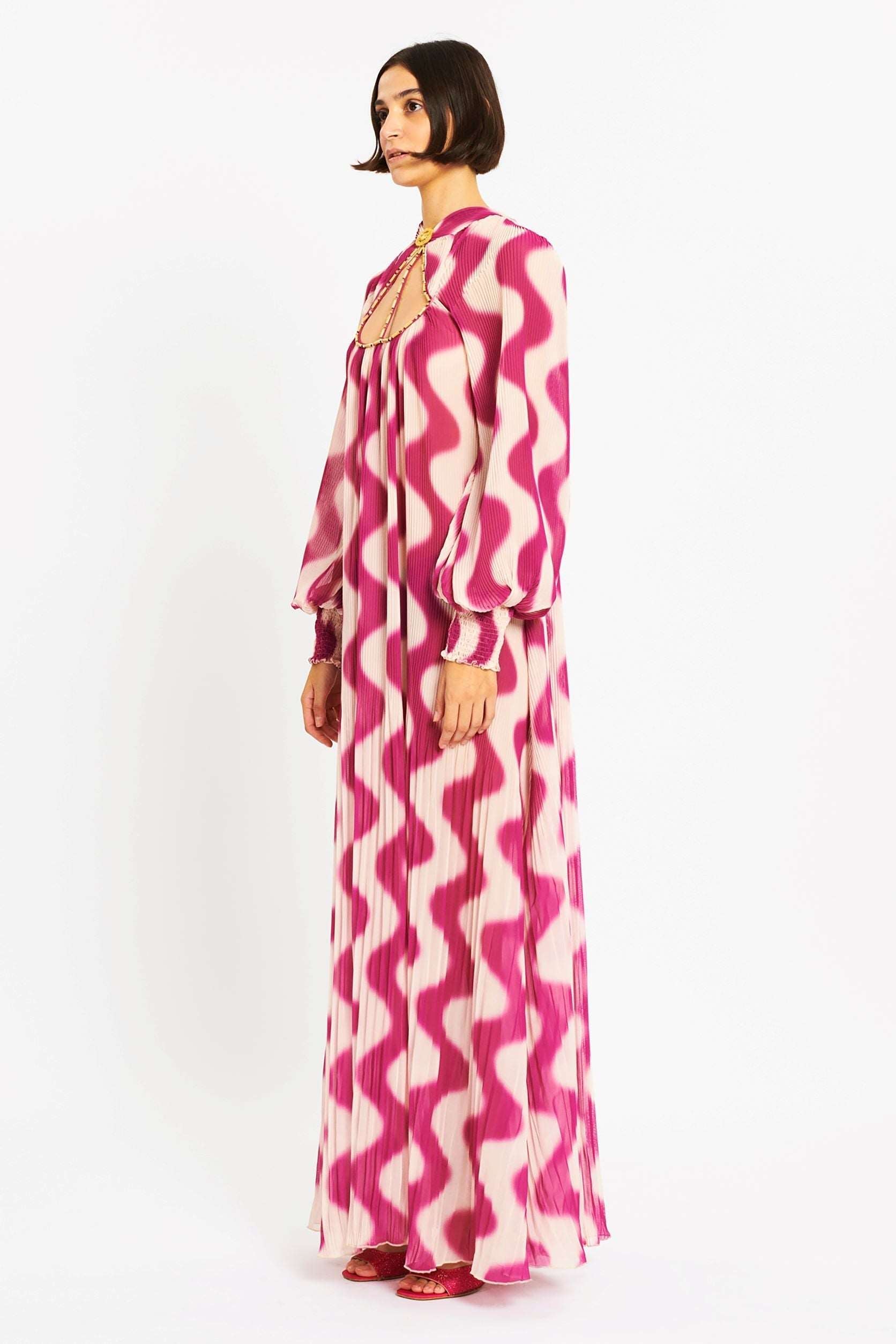 Chiffon Pleated Maxi Dress with Long Sleeve