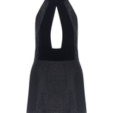 Stone Embroidered Black Mini Dress with Velvet Neck Detail