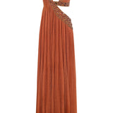 Brown Shimmering Pleated Maxi Dress with Cutout and Beading Detail