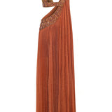 Brown Shimmering Pleated Maxi Dress with Cutout and Beading Detail