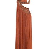 Brown Shimmering Pleated Maxi Dress with Cutout and Beading Detail