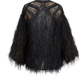 Black Sheer Tulle Jacket With Gold Embroidery And Feather Details