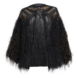 Black Sheer Tulle Jacket With Gold Embroidery And Feather Details