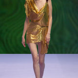 Gold Metal Cowl Neck Draped Mini Dress