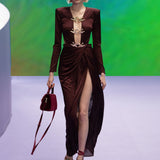 Long Sleeved Transparent Neck Maxi Dress