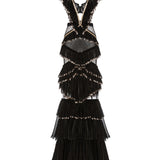 Ruffled V-Neck Lace Maxi Dress with Gold Dress