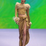 Glittered Knit Corset Top With Feather Details