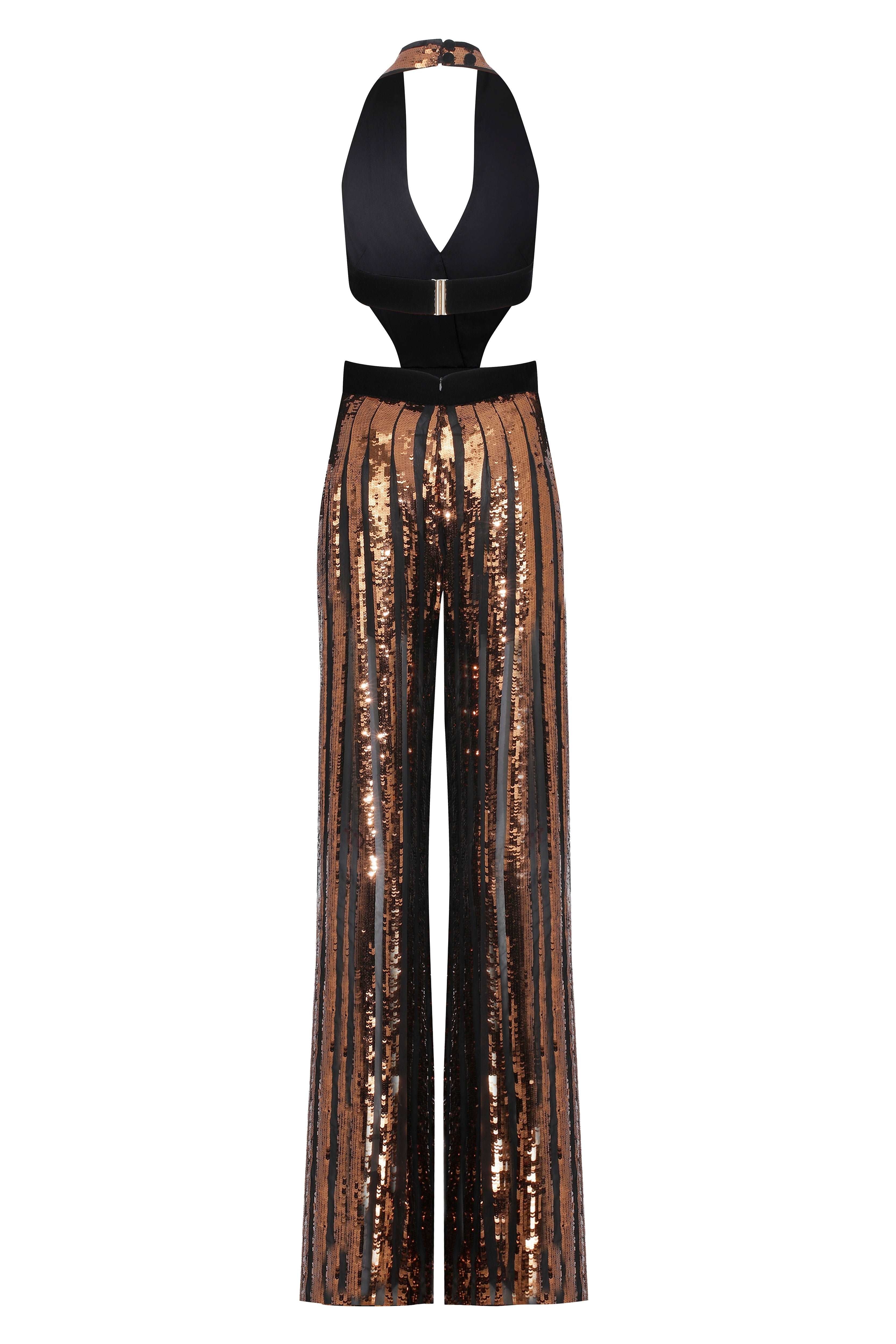 Black/Bronze Sequined Chiffon Jumpsuit