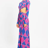 Long Sleeve Geometrical Print Cutout Maxi Dress