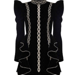 Chain Strass Embroidered Velvet Dress with Ruffles Sleeves