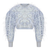 Beaded Jacquard Mini Sweater With Feathers