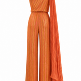Crystal Embellished Chiffon Jumpsuit With Pleated Half Cape