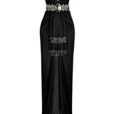 Satin Deep V Neck Strapless Maxi Dress With Gold Belt