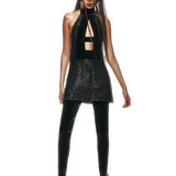 Stone Embroidered Black Mini Dress with Velvet Neck Detail