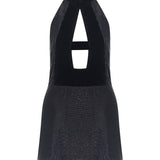 Stone Embroidered Black Mini Dress with Velvet Neck Detail