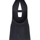 Stone Embroidered Black Mini Dress with Velvet Neck Detail