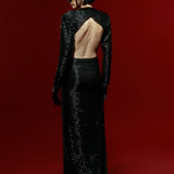 Black Chiffon Maxi Dress with Embroidery and Velvet Open Front Detail