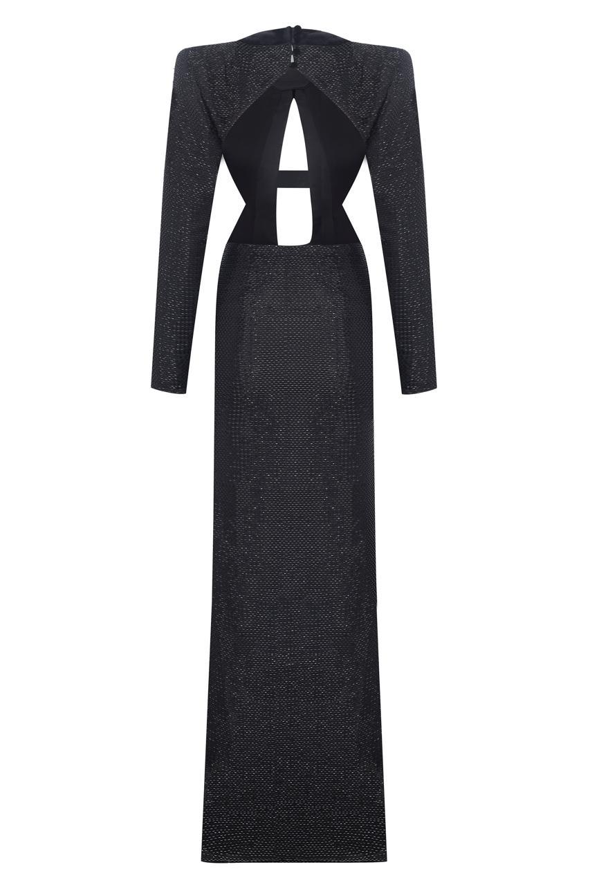 FW23-D-4042-Black-44 raisa_vanessa black-chiffon-maxi-dress-with-embroidery-and-velvet-open-front-detail