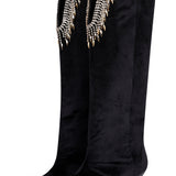 Low Heeled Velvet High Knee Boots with Embellishment Details