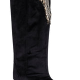 Low Heeled Velvet High Knee Boots with Embellishment Details