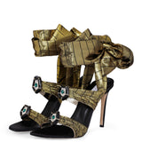 Metallic Gold High Heels with Black Crystal Buckles