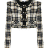 Golden Buckled Check Patterned Crop Jacket