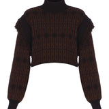 High Neck Knit Wool Sweather with Fringe Details