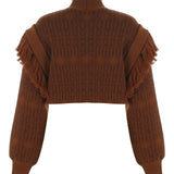 High Neck Patterned Wool Sweather with Fringe Details