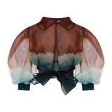 Organza Puff Sleeve Crop Top with Bow Tie Back