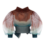 Organza Puff Sleeve Crop Top with Bow Tie Back