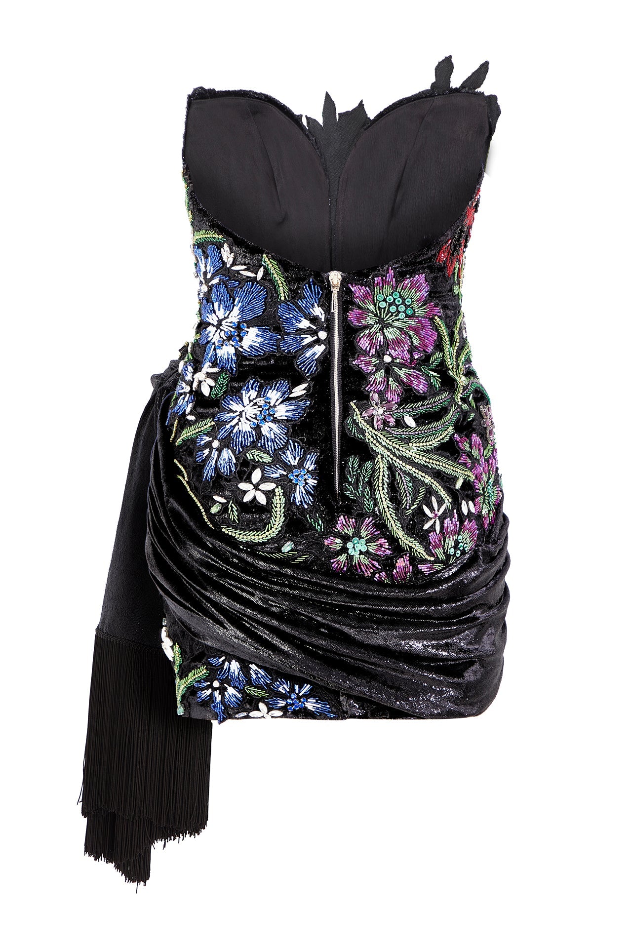 crystal-embellished-floral-detailed-strapless-mini-dress-with-franges raisa_vanessa crystal-embellished-floral-detailed-strapless-mini-dress-with-franges