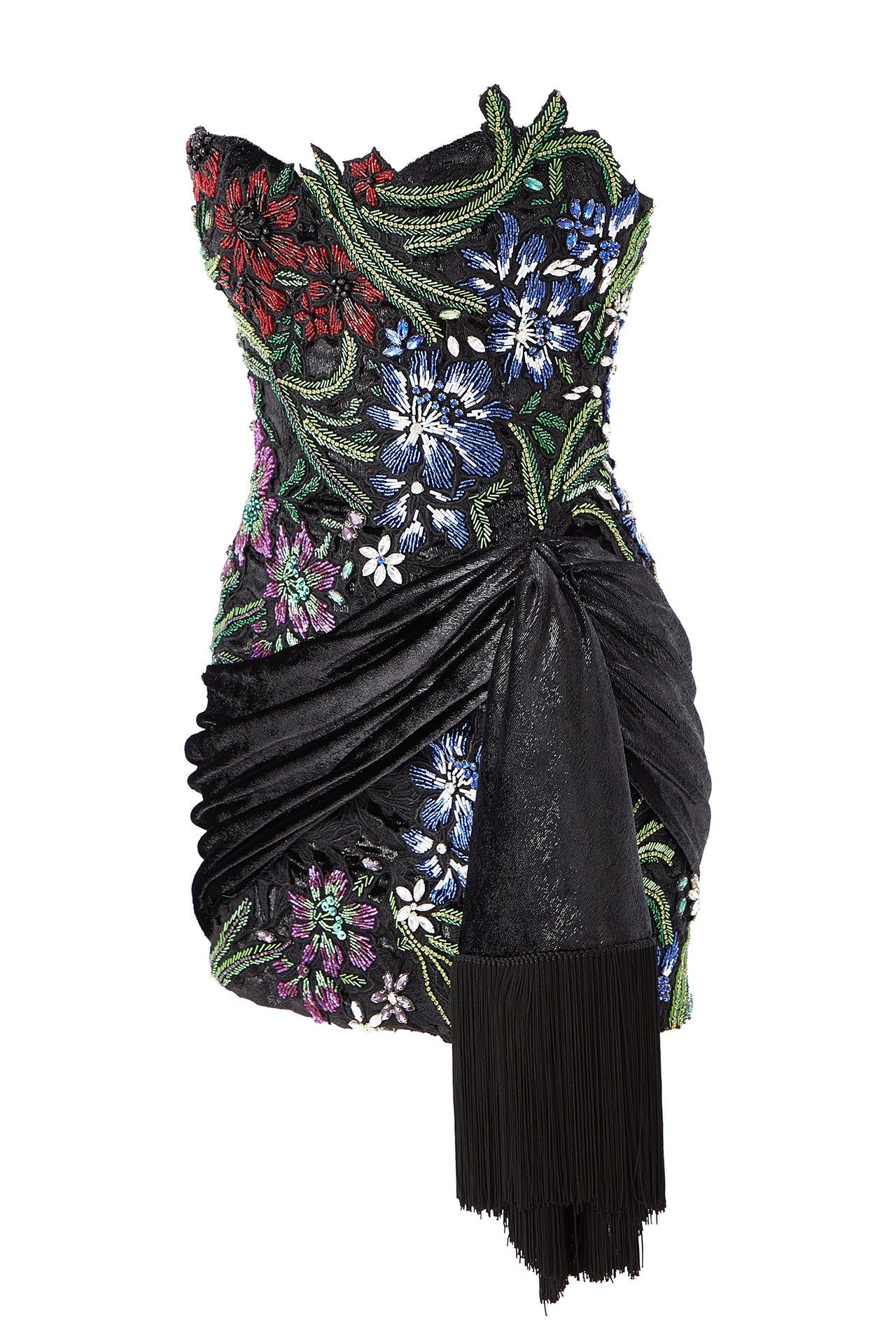 crystal-embellished-floral-detailed-strapless-mini-dress-with-franges raisa_vanessa crystal-embellished-floral-detailed-strapless-mini-dress-with-franges