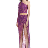 One Shoulder Glittered Lace Midi Dress With High Slit