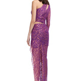 One Shoulder Glittered Lace Midi Dress With High Slit