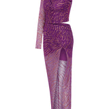 One Shoulder Glittered Lace Midi Dress With High Slit