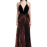 Velvet V Neck Maxi Dress With Glattered Pleated Maxi Dress