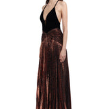 Velvet V Neck Maxi Dress With Glattered Pleated Maxi Dress