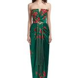 Rose Patterned Strapless Maxi Dress With Fringes