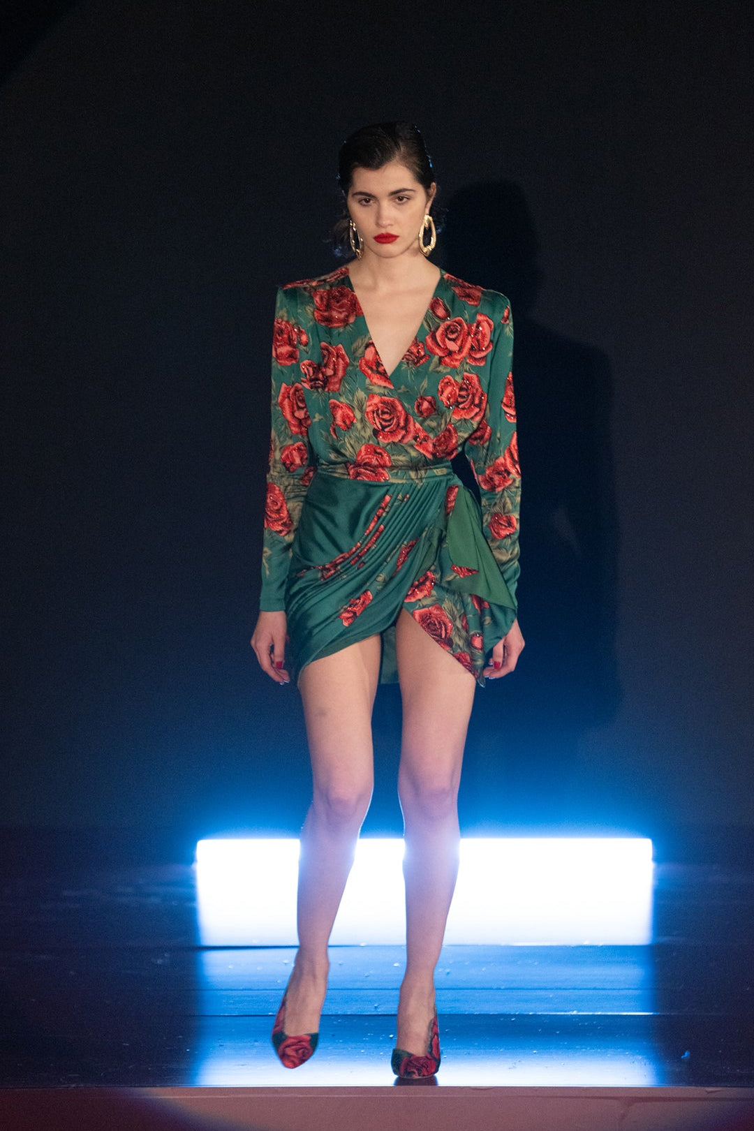 FW22-D-853-Green-36 raisa_vanessa rose-sequined-patterned-satin-v-neck-draped-mini-dress