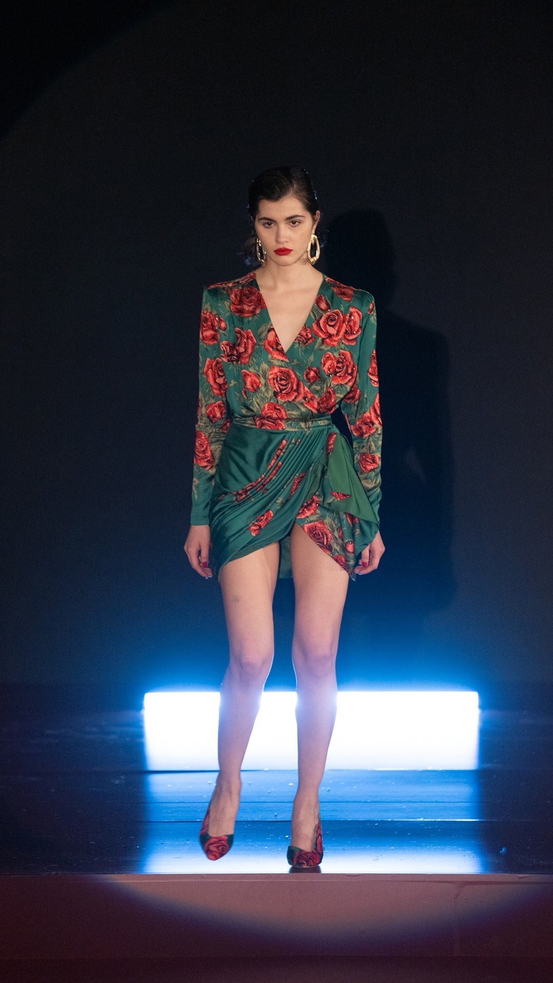 FW22-D-853-Green-36 raisa_vanessa rose-sequined-patterned-satin-v-neck-draped-mini-dress