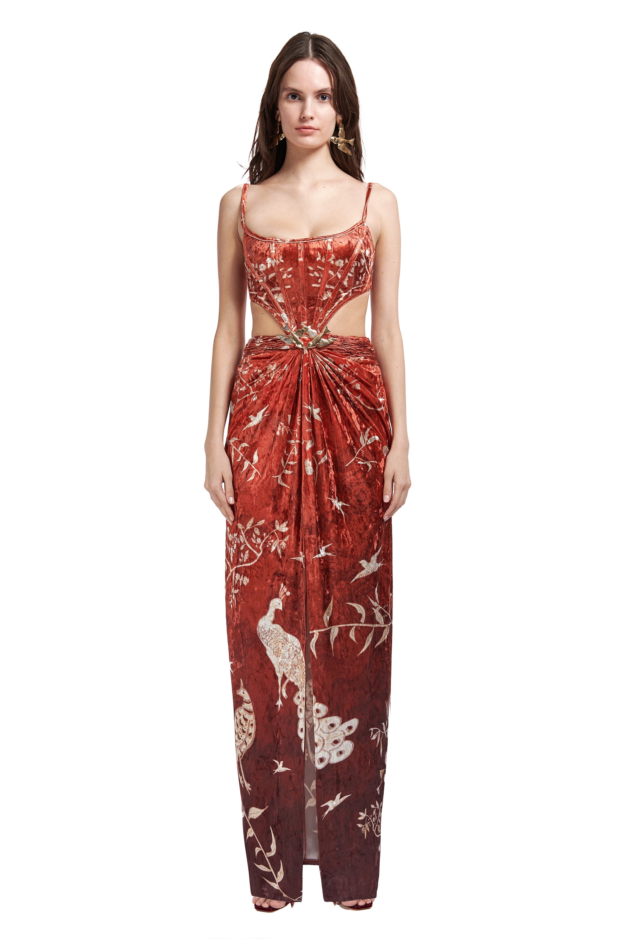 FW22-D-858-Brick-36 raisa_vanessa marouetry-patterned-velvet-maxi-dress-with-corset-and-gold-buckle
