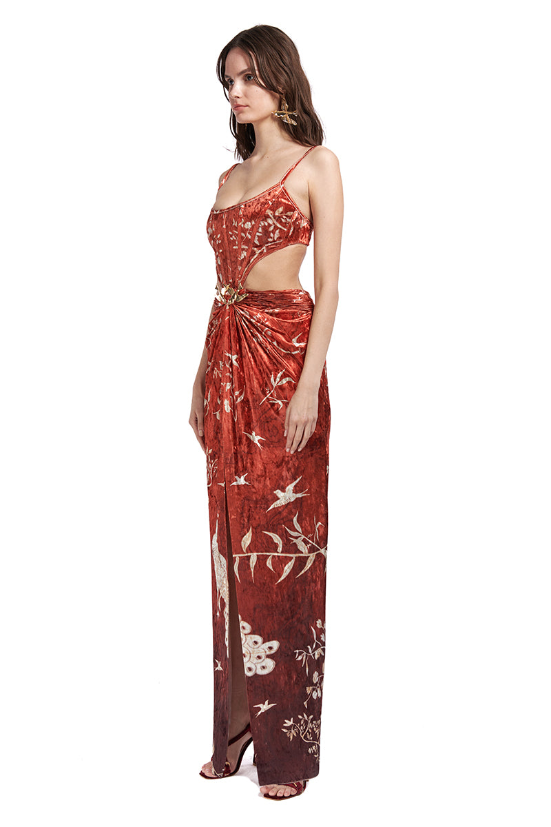 marouetry-patterned-velvet-maxi-dress-with-corset-and-gold-buckle raisa_vanessa marouetry-patterned-velvet-maxi-dress-with-corset-and-gold-buckle