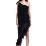 Velvet Asymmetrical Midi Dress With Feather Details