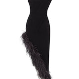 velvet-asymmetrical-midi-dress-with-feather-details raisa_vanessa velvet-asymmetrical-midi-dress-with-feather-details