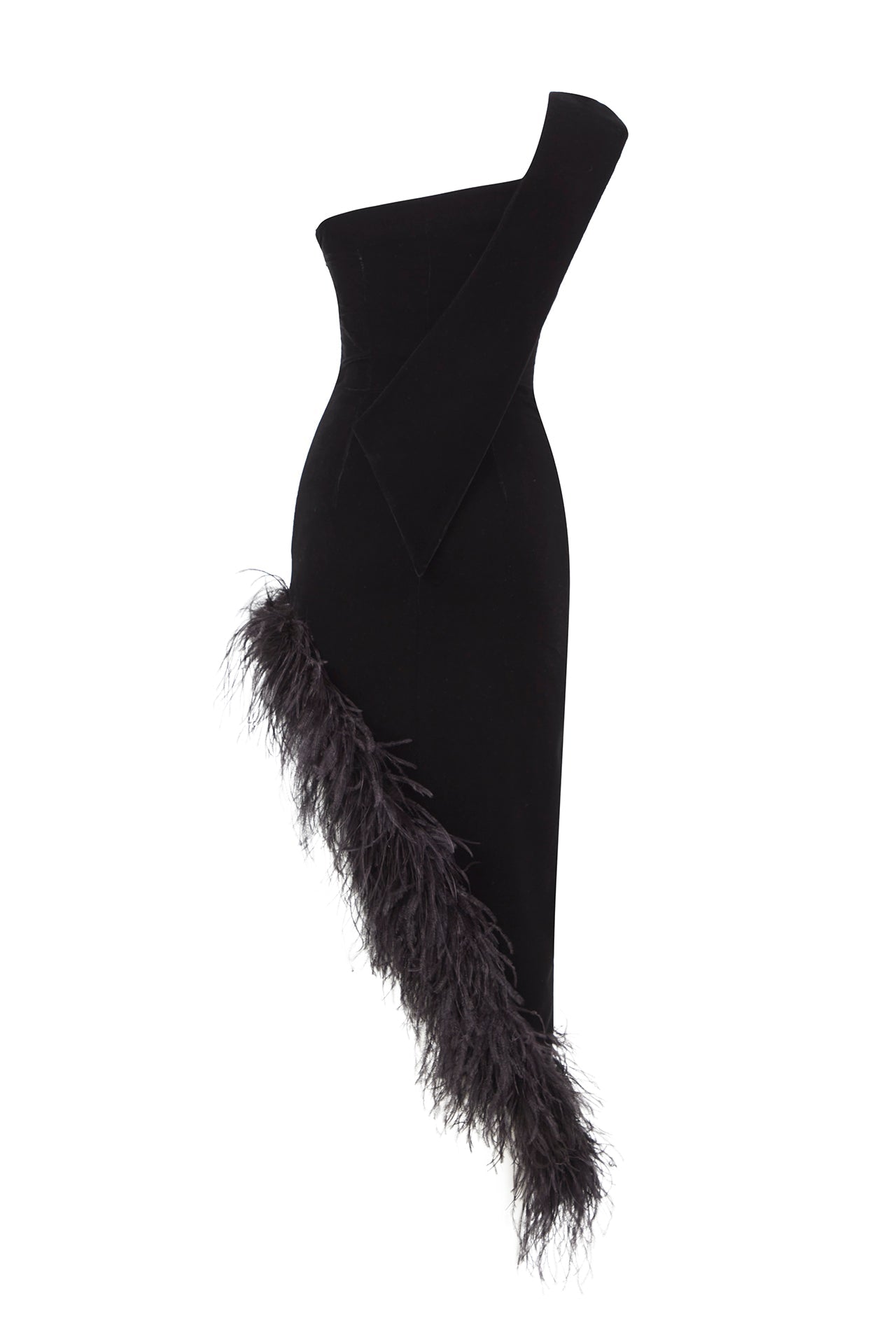 velvet-asymmetrical-midi-dress-with-feather-details raisa_vanessa velvet-asymmetrical-midi-dress-with-feather-details